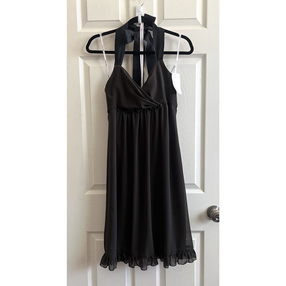 VERA WANG VTG Y2K Brown Chiffon Ruffle Grosgrain Ribbon Neck Babydoll Dress 6 - Picture 1 of 14
